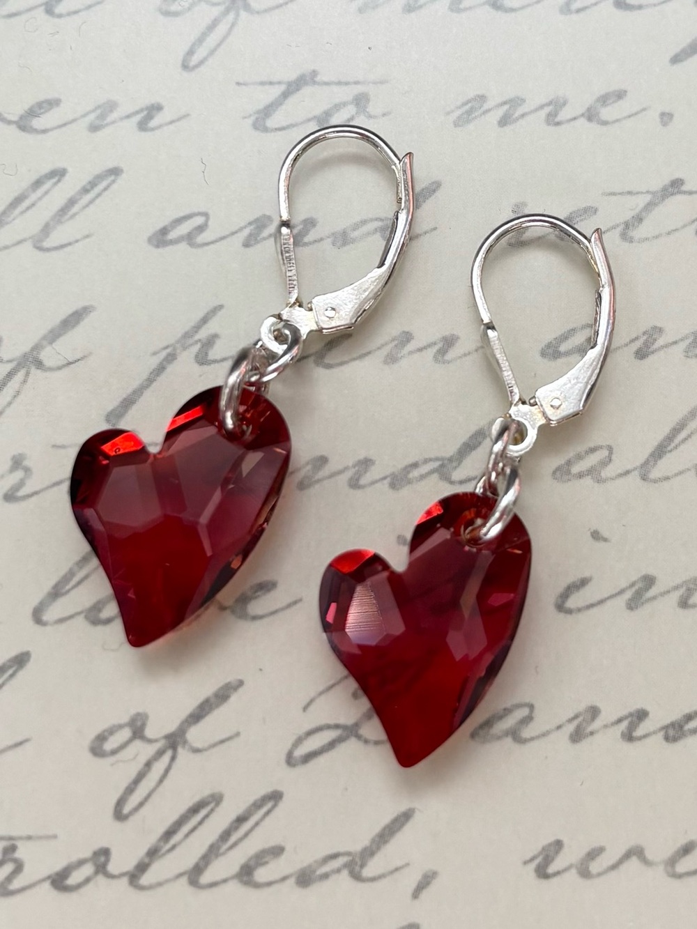 Red Heart Crystal Drop Levercack Earrings - Sterling Silver